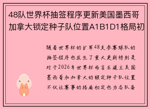 48队世界杯抽签程序更新美国墨西哥加拿大锁定种子队位置A1B1D1格局初定 48队世界杯抽签程序更新美国墨西哥加拿大锁定种子队位置A1B1D1格局初定